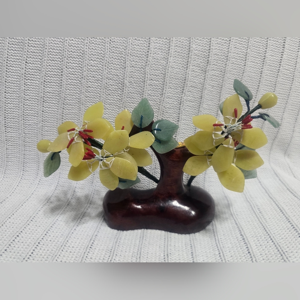 Chinese Jade Glass Bonsai Tree Asian Yellow Flowers Wood Stand Mid Century Moder